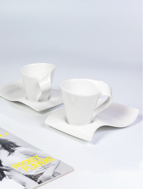 Porcelain White Wave Caffe Mug & Saucer Set
